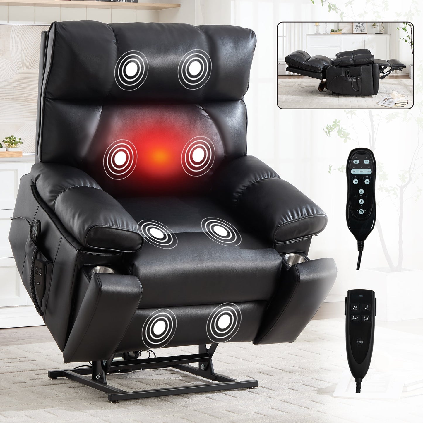 Black Leatheraire Heat Massage Recliner in black leather with massage nodes and heated back on Tampa Home & Garden Store