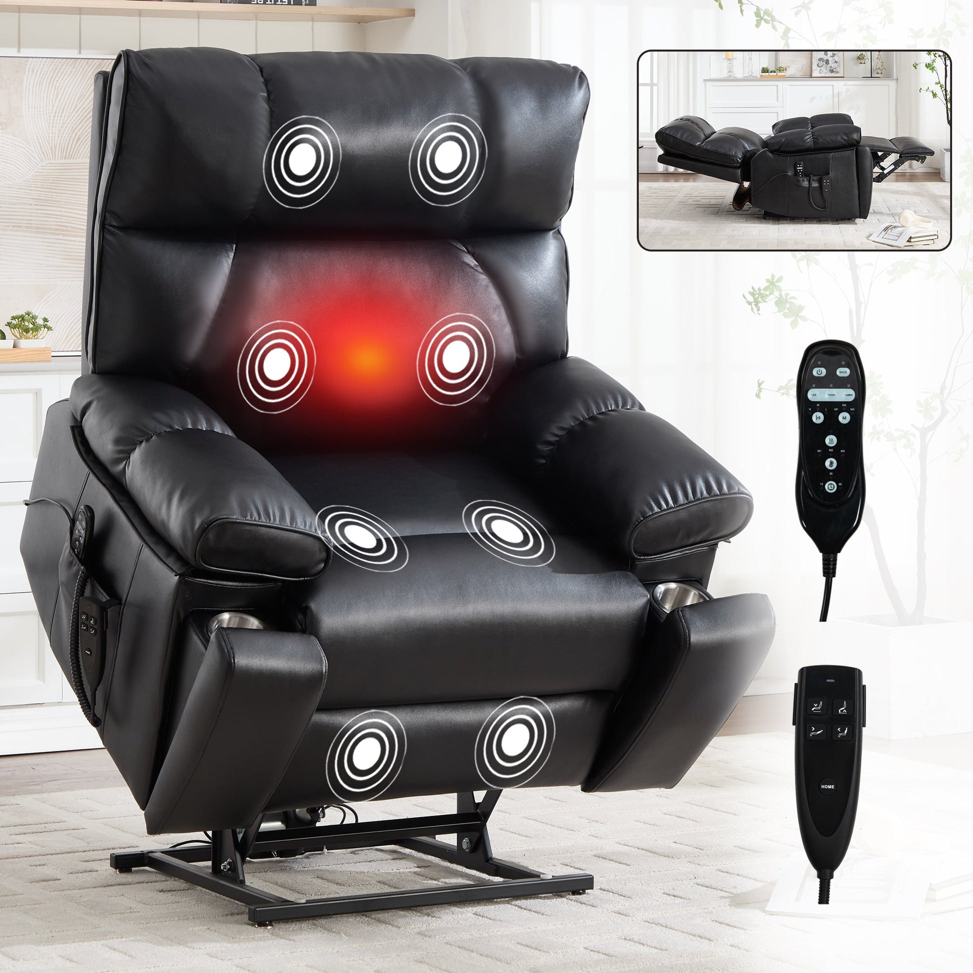 Black Leatheraire Heat Massage Recliner in black leather with massage nodes and heated back on Tampa Home & Garden Store