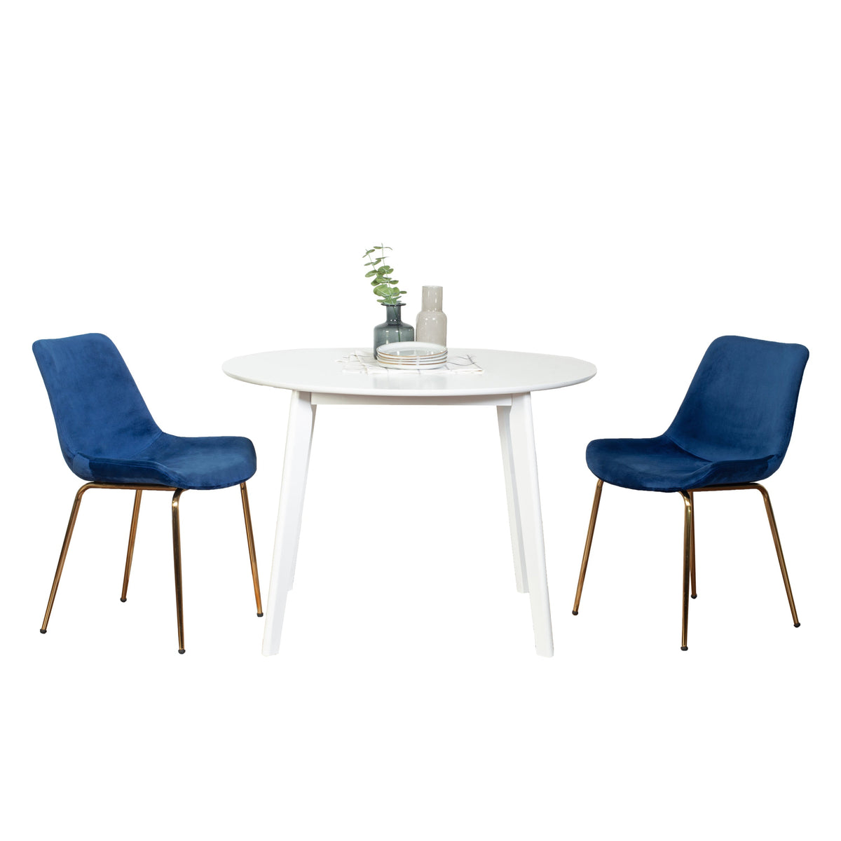 White round dining table with two blue velvet chairs on gold legs - 3-piece dining set on Tampa Home & Garden Store