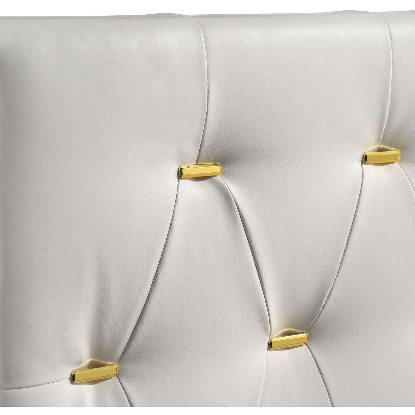 James Panel Bed upholstered headboard in light gray faux leather with gold hardware on Tampa Home & Garden Store