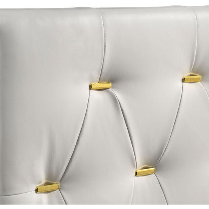 James Panel Bed upholstered headboard in light gray faux leather with gold hardware on Tampa Home & Garden Store