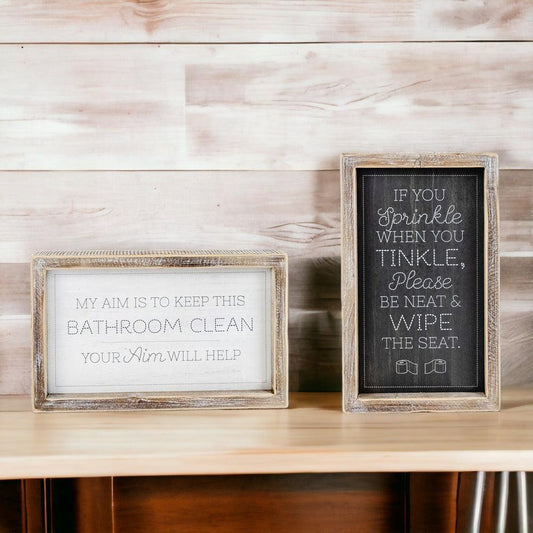 Aim + Sprinkle Tinkle wall art set of 2 in white and black chalkboard frames by Gia Roma on Tampa Home & Garden Store