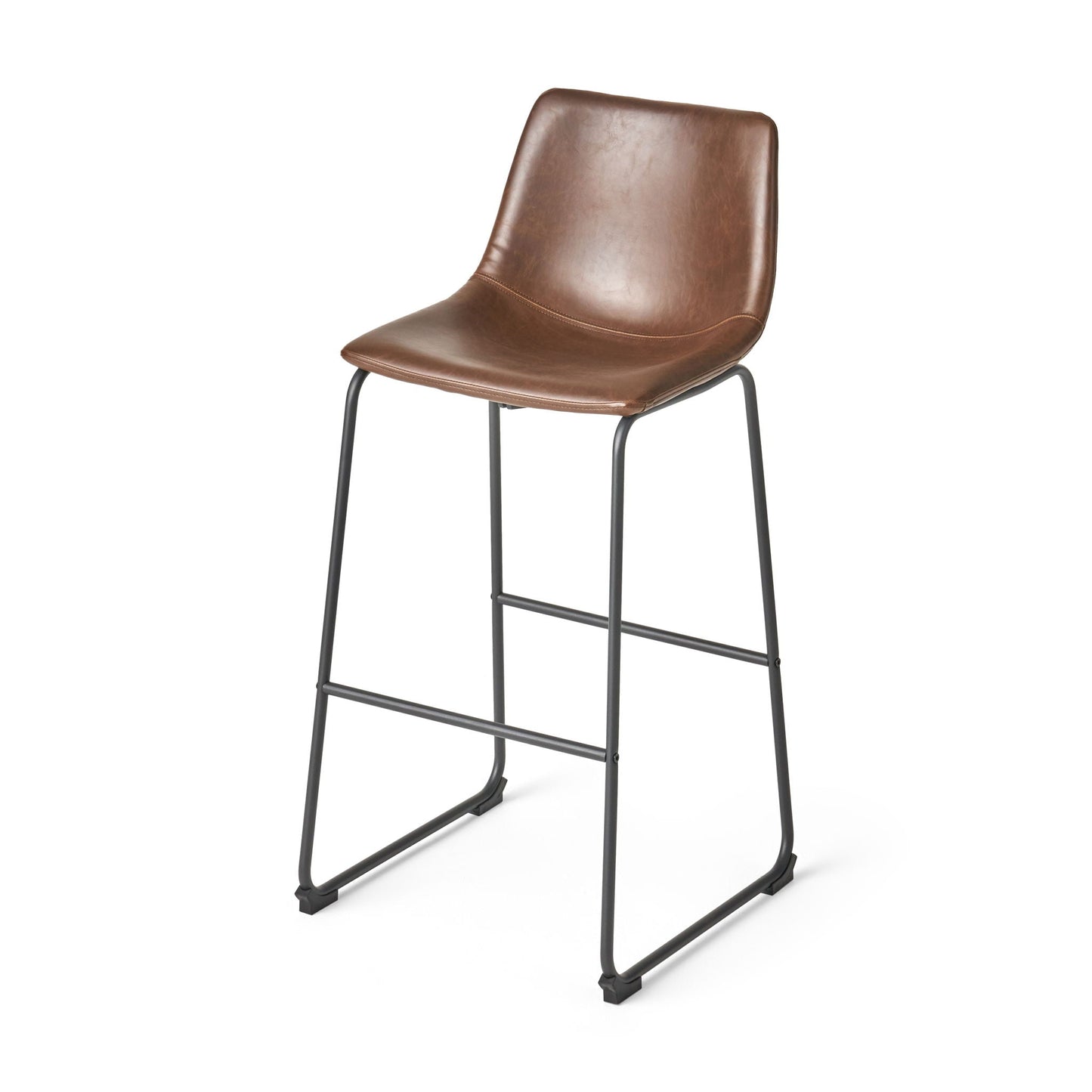 Bar stool with vintage brown leather upholstery and foot rail, black metal legs on Tampa Home & Garden Store