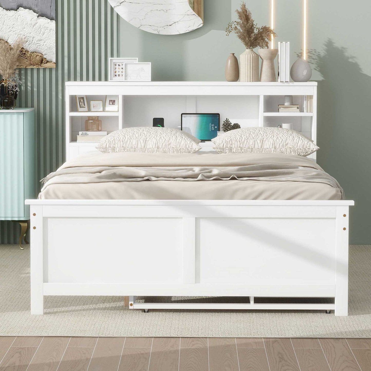 White platform bed with storage headboard and cubby shelves, open under-bed storage on Tampa Home & Garden Store