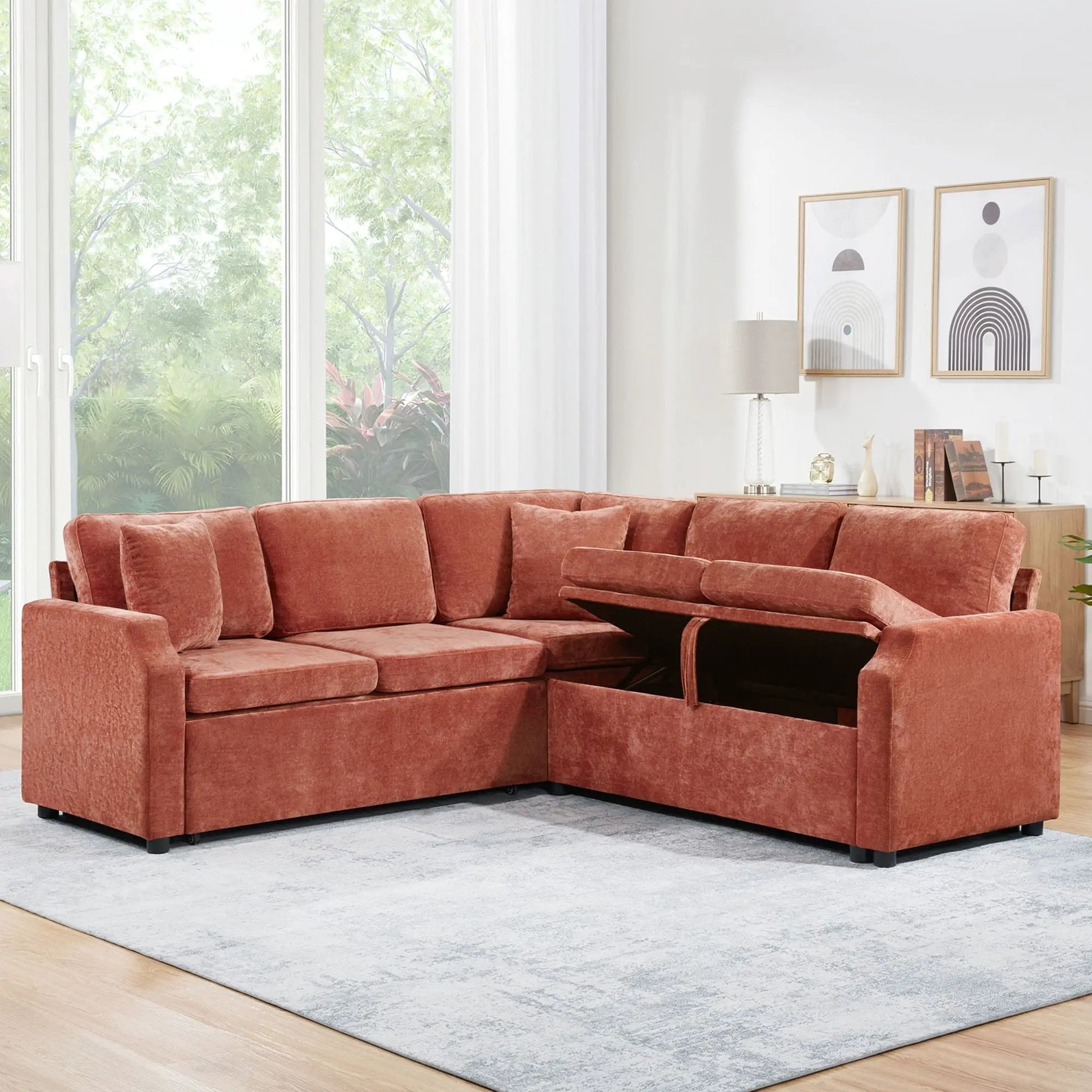 Modern L-shaped sleeper sofa bed with hidden storage terracotta velvet by Unique Piece on Tampa Home & Garden Store