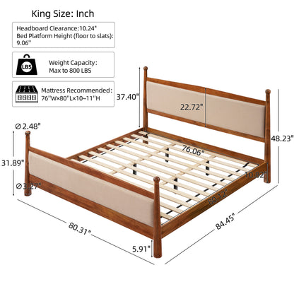 King Size Upholstered Platform Bed Frame by HouseOfZazla with wooden frame and beige fabric headboard and footboard