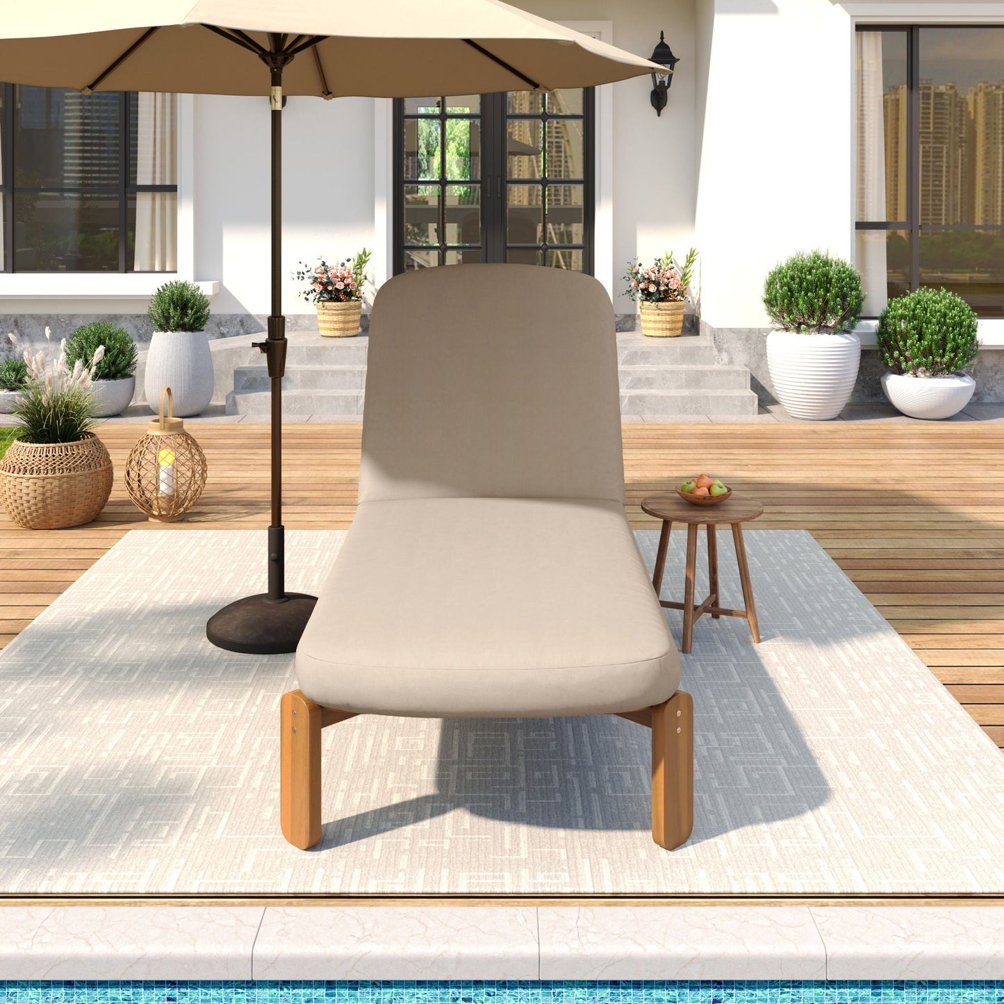 Outdoor chaise lounge with adjustable backrest in beige cushion by HouseOfZazla on patio on Tampa Home & Garden Store