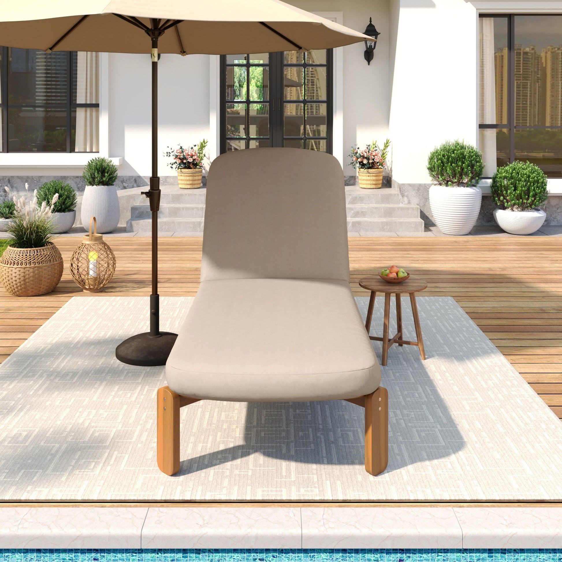 Outdoor chaise lounge with adjustable backrest in beige cushion by HouseOfZazla on patio on Tampa Home & Garden Store