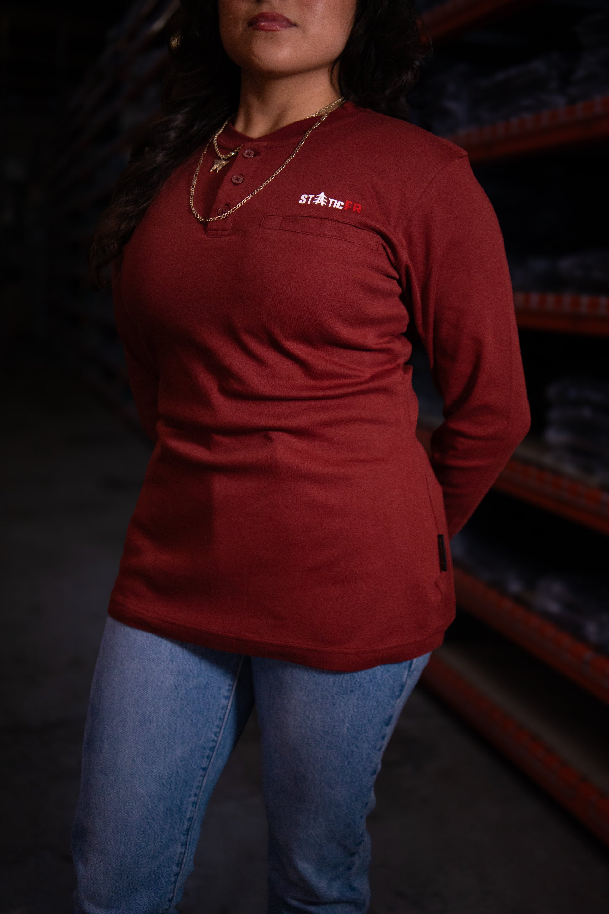 Women's FR 3-Button Henley in Wine Red with Static FR logo on Tampa Home & Garden Store