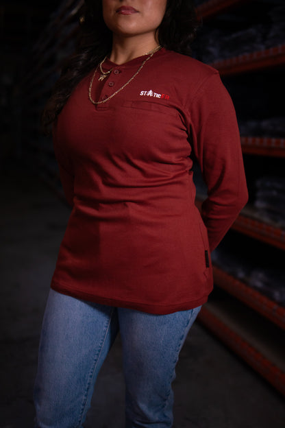 Women's FR 3-Button Henley in Wine Red with Static FR logo on Tampa Home & Garden Store