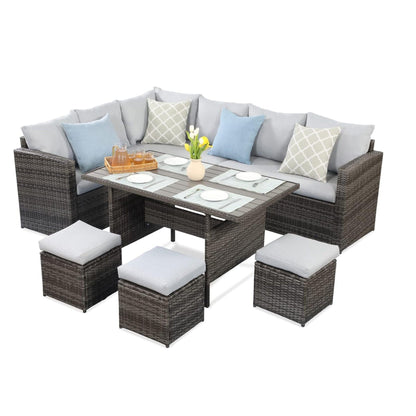 7 Piece Patio Set gray/brown wicker cushions sectional sofa table ottomans on Tampa Home & Garden Store