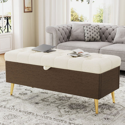 Modern tufted storage ottoman bench with gold metal legs and cream upholstery on Tampa Home & Garden Store