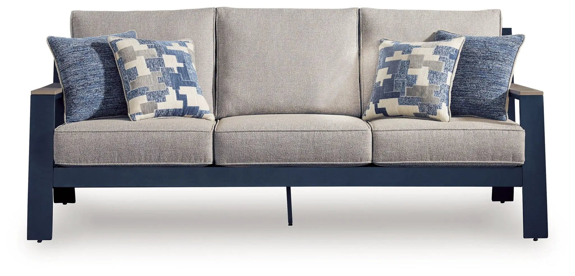 East Beach blue sofa with three seat cushions and geometric-pattern throw pillows on a navy frame on Tampa Home & Garden Store