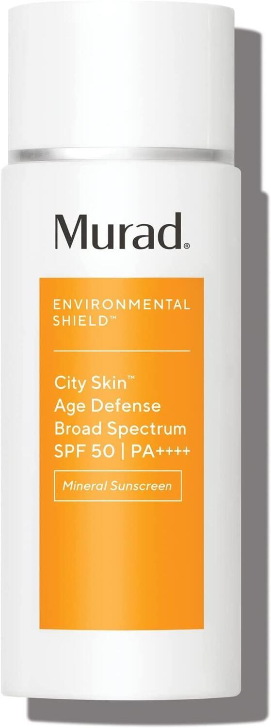 Murad City Skin Defense Broad Spectrum SPF50 mineral sunscreen bottle with orange label on Tampa Home & Garden Store