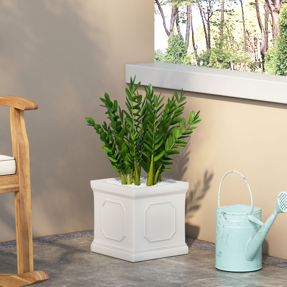 Durable Planter by HouseOfZazla, white square planter with ZZ plant and white stones on Tampa Home & Garden Store