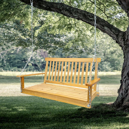 Front porch swing with armrests in natural wood, outdoor patio garden swing on chains on Tampa Home & Garden Store
