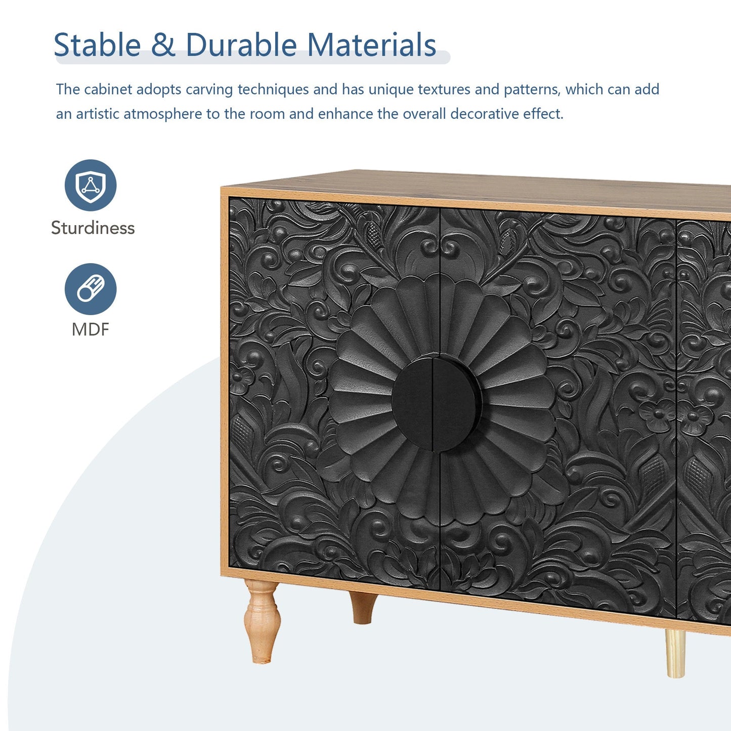 Black carved TV stand with symmetrical floral front panels and a wood coloured frame on Tampa Home & Garden Store