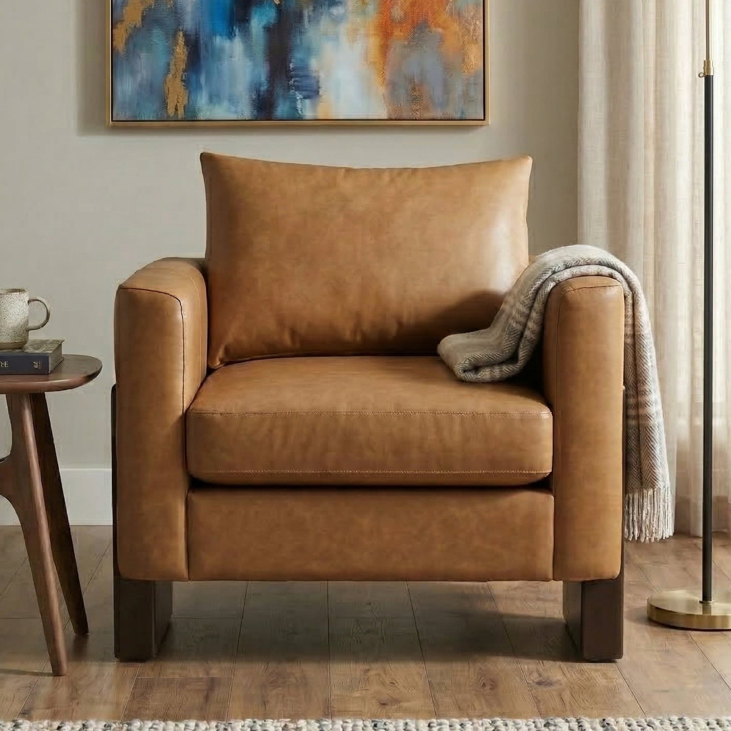 Modern Accent Chair by HouseOfZazla with tan leather upholstery and rubberwood legs on Tampa Home & Garden Store