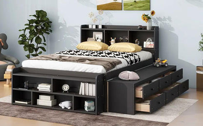 Bed With Bookcase Headboard and Under Bed Storage