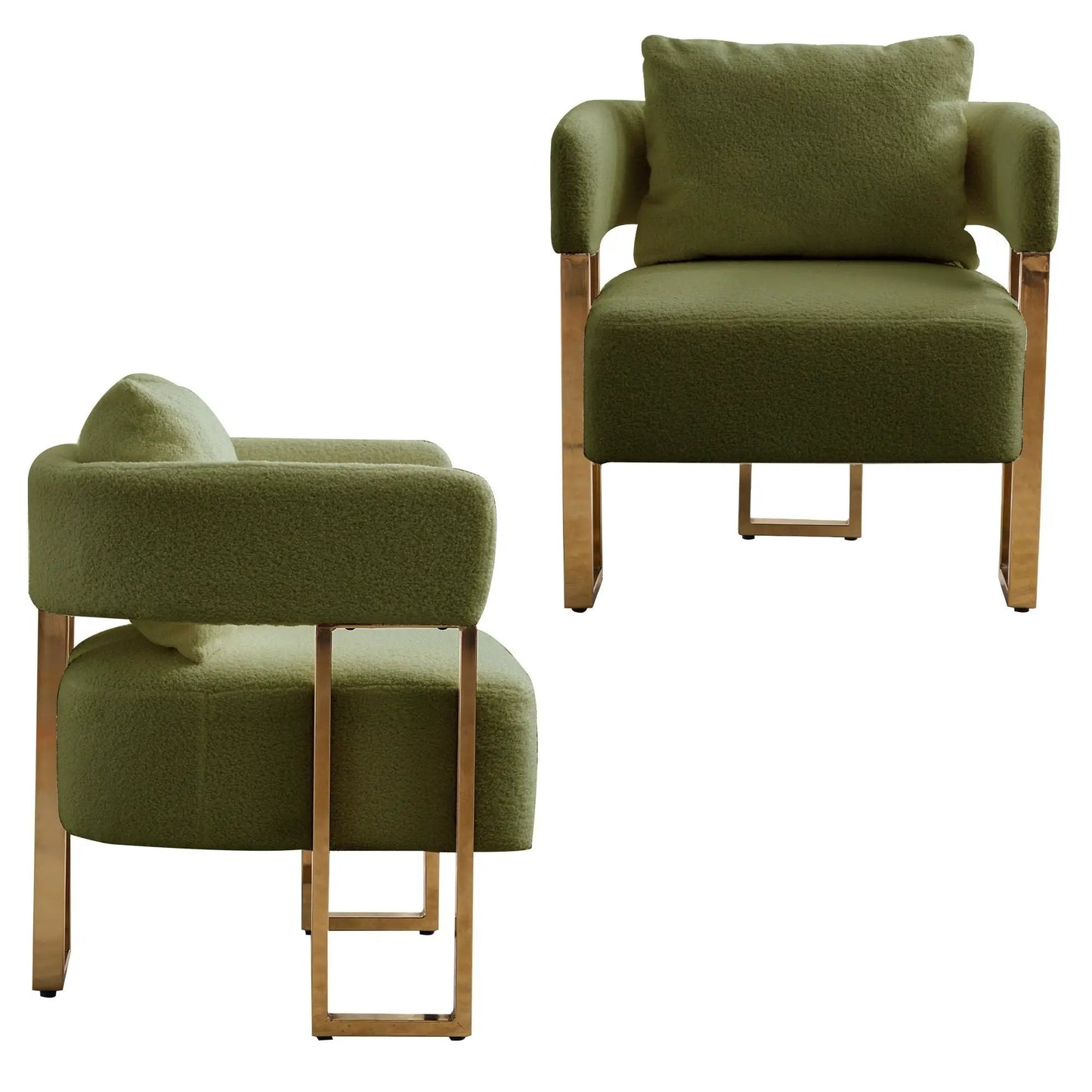 Chair and ottoman set in olive green teddy fleece with brass metal legs on Tampa Home & Garden Store