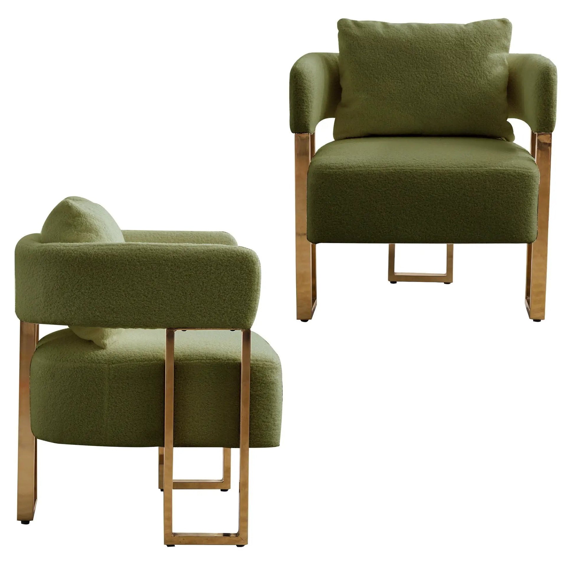 Chair and ottoman set in olive green teddy fleece with brass metal legs on Tampa Home & Garden Store