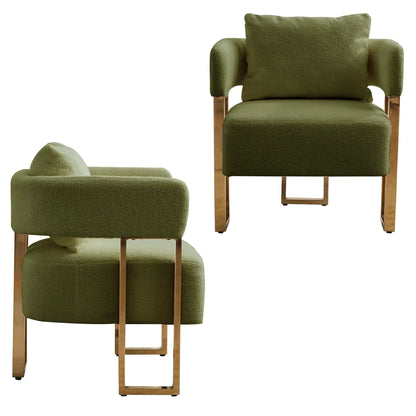 Chair and ottoman set in olive green teddy fleece with brass metal legs on Tampa Home & Garden Store