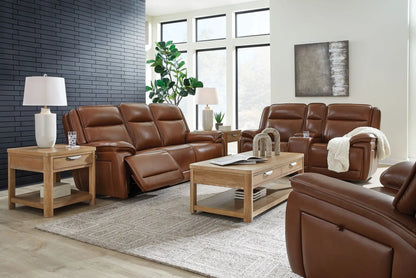 Healy Pier reclining sofa set in warm brown leather with a loveseat and coffee tables on Tampa Home & Garden Store
