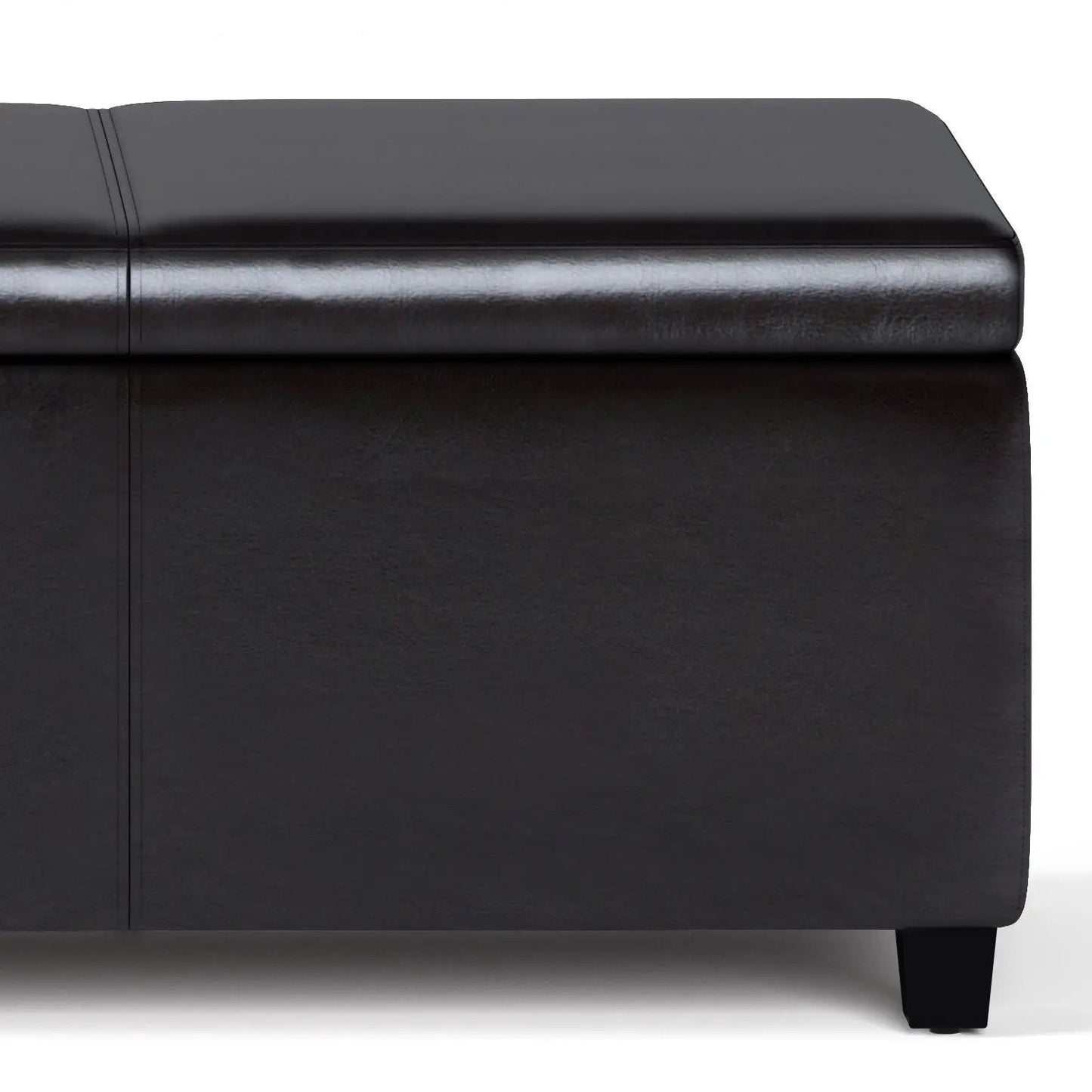 Avalon storage ottoman bench in black leather with stitched top and tapered leg on Tampa Home & Garden Store