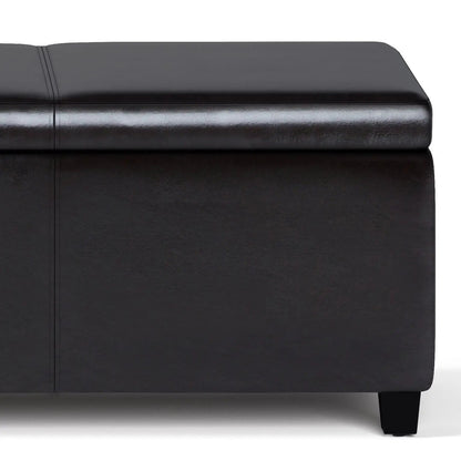 Avalon storage ottoman bench in black leather with stitched top and tapered leg on Tampa Home & Garden Store