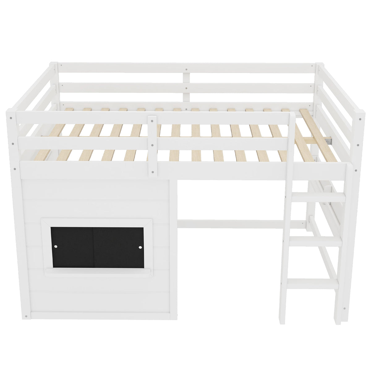 White full-size loft bed with chalkboard and bookshelf by HouseOfZazla, ladder on right on Tampa Home & Garden Store