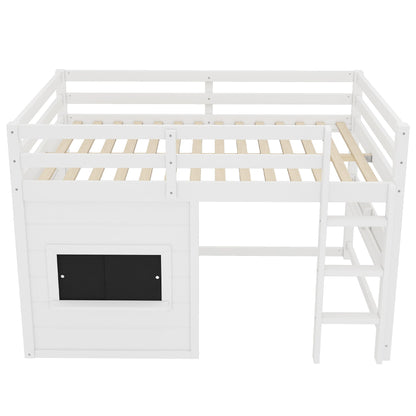White full-size loft bed with chalkboard and bookshelf by HouseOfZazla, ladder on right on Tampa Home & Garden Store