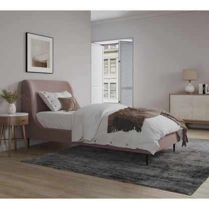 Heather upholstered bed with curved headboard in blush pink fabric by HouseOfZazla, bedding on Tampa Home & Garden Store