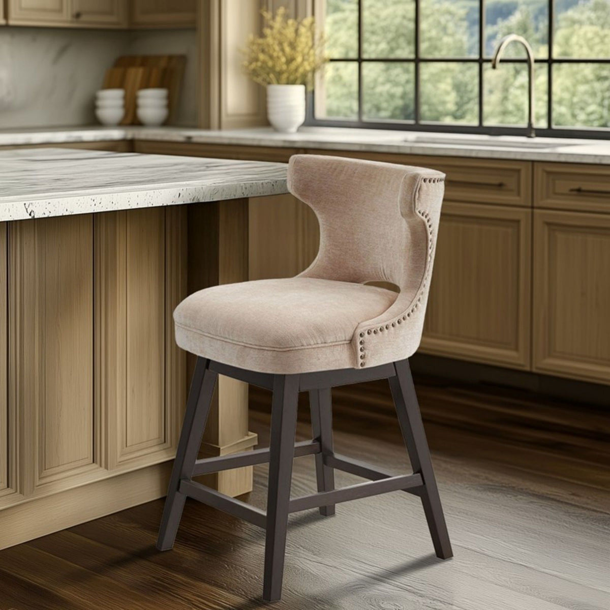 360 Degree Swivel Counter Stool beige upholstery with nailhead trim and dark legs on Tampa Home & Garden Store