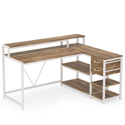 L-Shaped corner desk with monitor riser, drawers and shelves in woodgrain top and white frame on Tampa Home & Garden Store