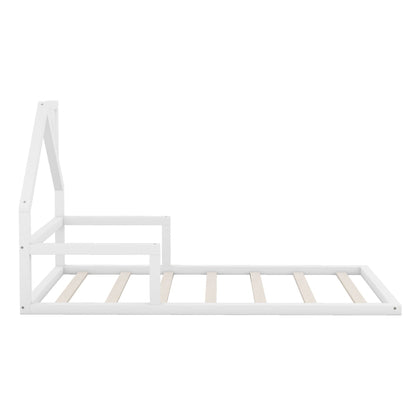 Floor bed with house-shaped headboard in white wood, platform bed frame by HouseOfZazla on Tampa Home & Garden Store