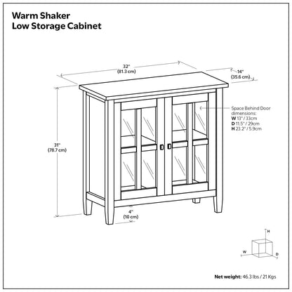 Warm Shaker Handcrafted Low Storage Cabinet with glass doors, 32in W x 14in D, HouseOfZazla on Tampa Home & Garden Store