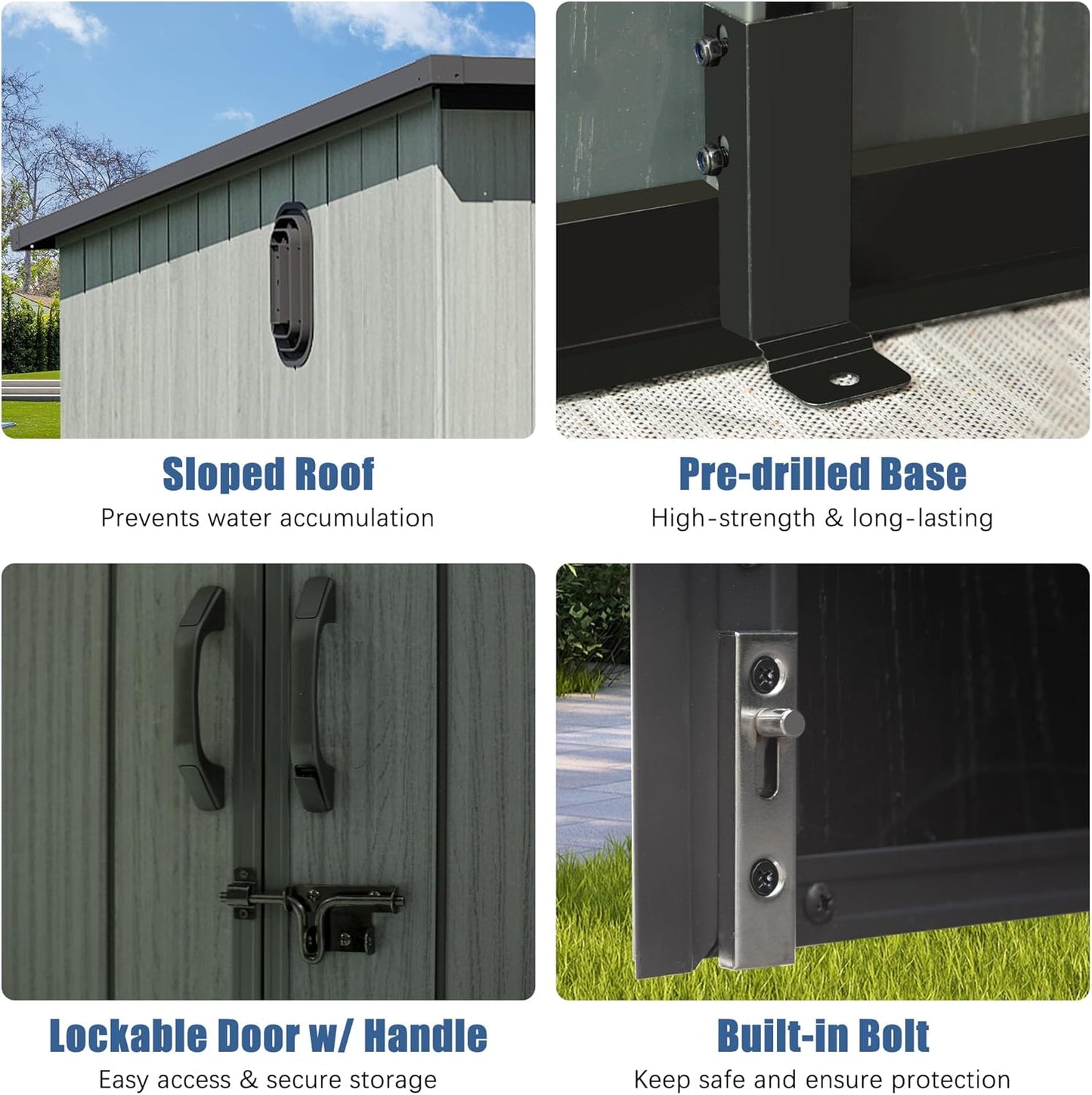 6x11FT Outdoor Resin Storage Shed by HouseOfZazla with light-gray siding and sloped roof on Tampa Home & Garden Store
6x11FT Outdoor Resin Storage Shed pre-drilled base for high-strength foundation by HouseOfZazla on Tampa Home & Garden Store
6x11FT Outdoor Resin Storage Shed lockable door with handle for secure storage by HouseOfZazla on Tampa Home & Garden Store
6x11FT Outdoor Resin Storage Shed built-in bolt for protection by HouseOfZazla on Tampa Home & Garden Store