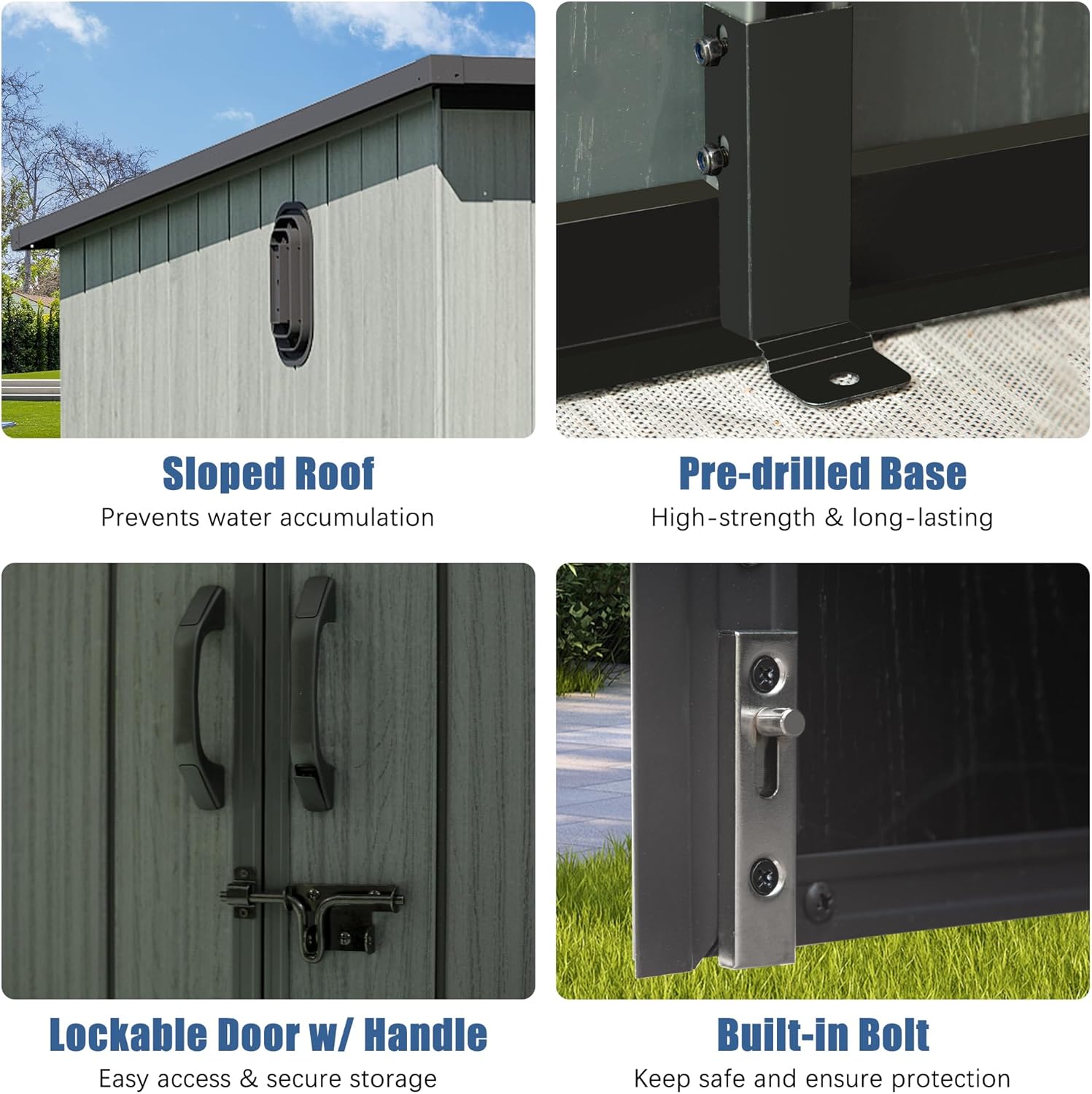 6x11FT Outdoor Resin Storage Shed by HouseOfZazla with light-gray siding and sloped roof on Tampa Home & Garden Store
6x11FT Outdoor Resin Storage Shed pre-drilled base for high-strength foundation by HouseOfZazla on Tampa Home & Garden Store
6x11FT Outdoor Resin Storage Shed lockable door with handle for secure storage by HouseOfZazla on Tampa Home & Garden Store
6x11FT Outdoor Resin Storage Shed built-in bolt for protection by HouseOfZazla on Tampa Home & Garden Store