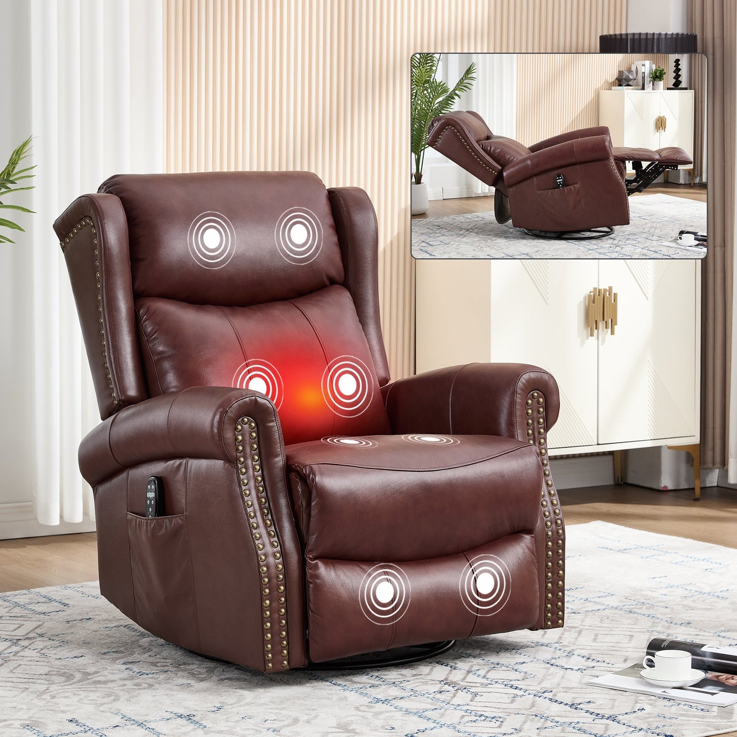 Heat Massage Manual Recliner Chair in burgundy leather with nailhead trim and remote pocket on Tampa Home & Garden Store