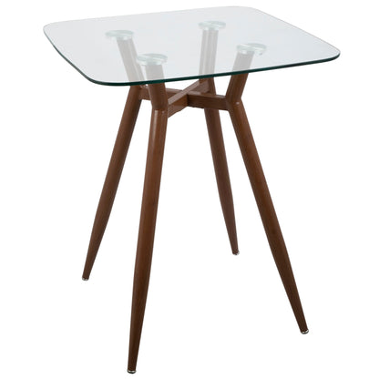 Mid Century Modern square glass-top counter table with dark brown angled wooden legs on Tampa Home & Garden Store