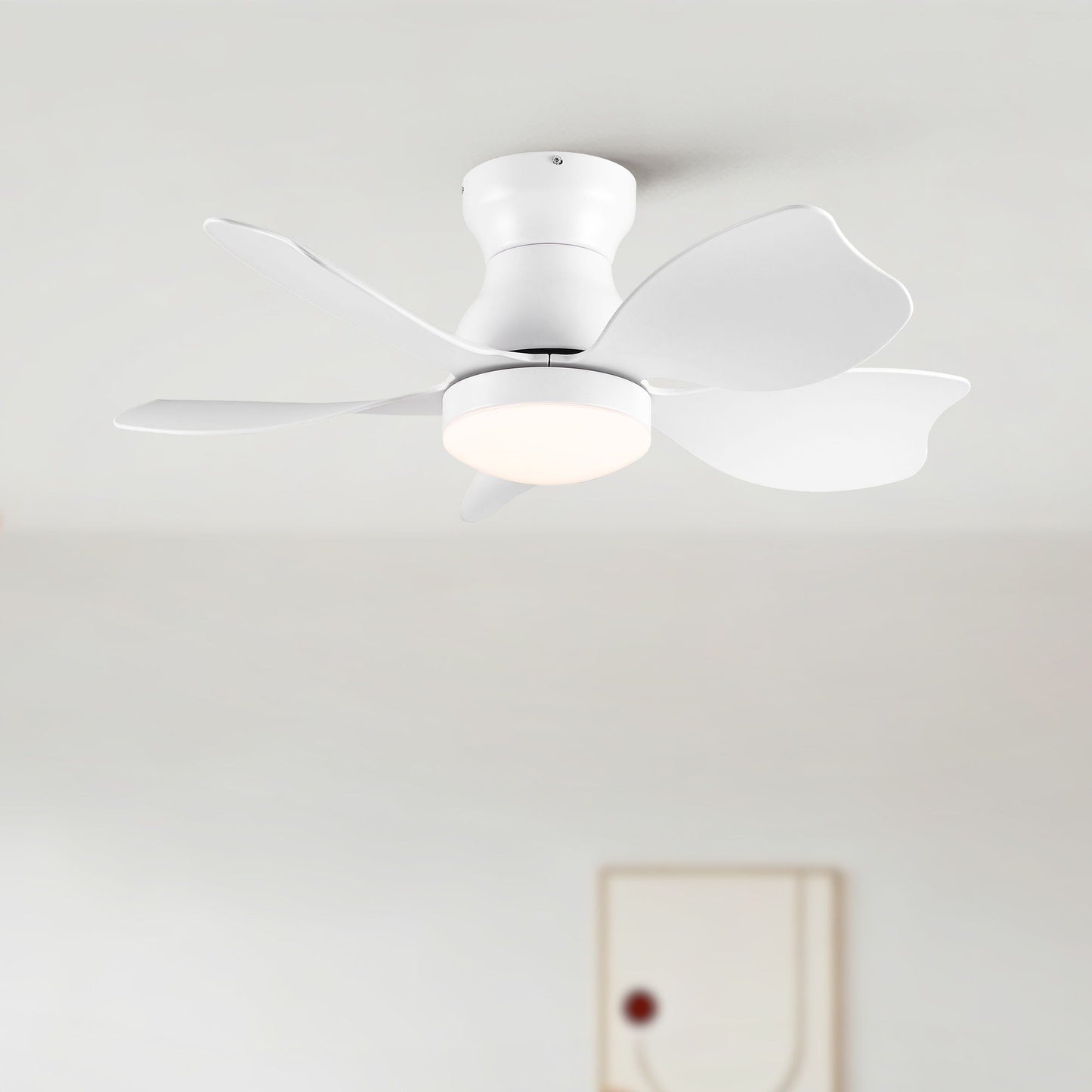 Low profile flush-mount ceiling fan with light, white finish and curved blades on Tampa Home & Garden Store