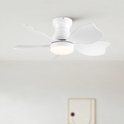Low profile flush-mount ceiling fan with light, white finish and curved blades on Tampa Home & Garden Store