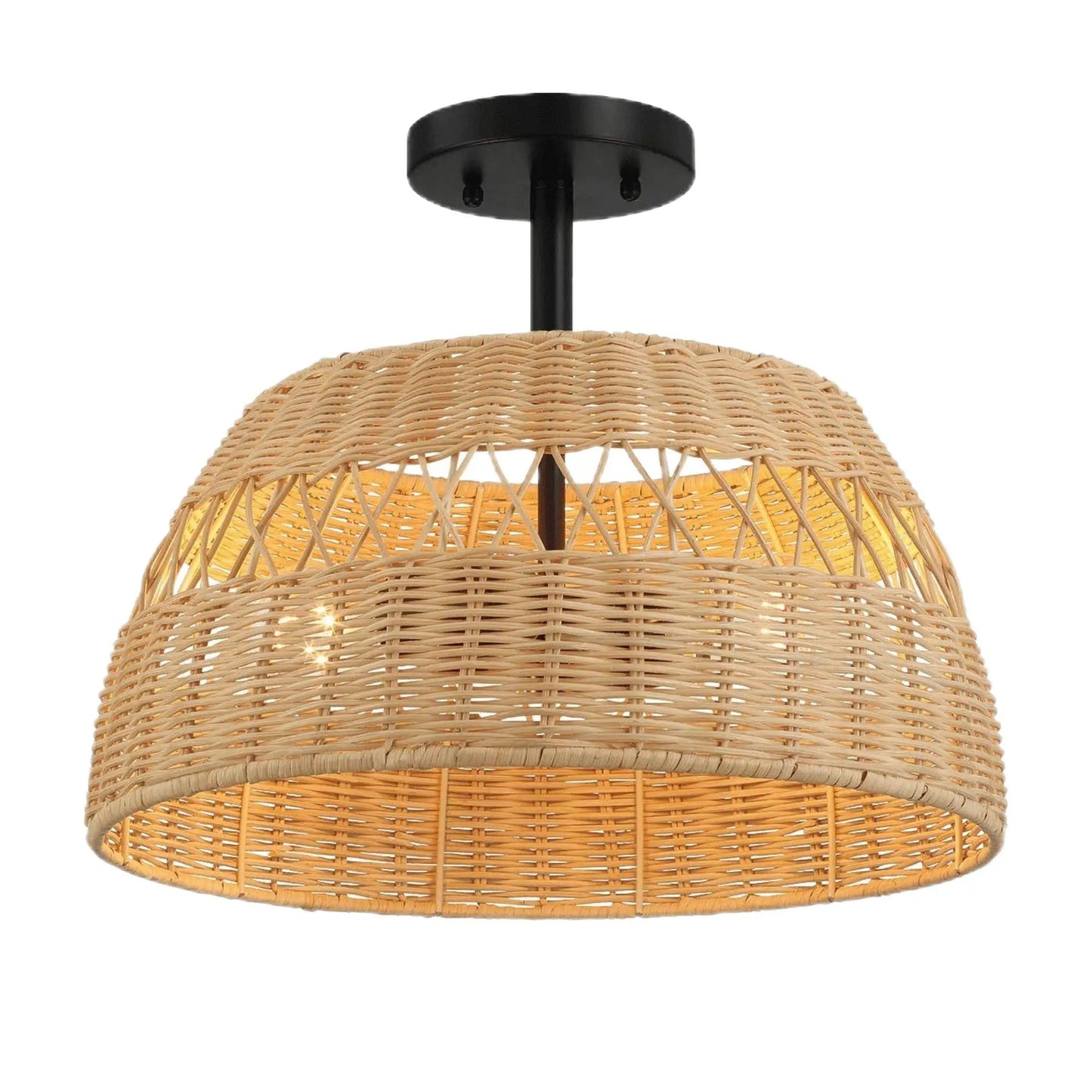 Twinkle double lights semi flush ceiling lamp with black canopy and woven rattan shade on Tampa Home & Garden Store