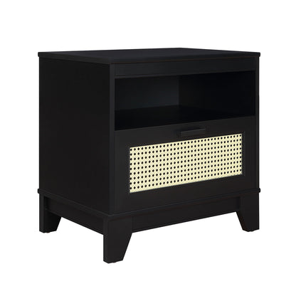Modern Cane Accent Nightstand with 1-drawer in black finish, cane-woven front, HouseOfZazla on Tampa Home & Garden Store