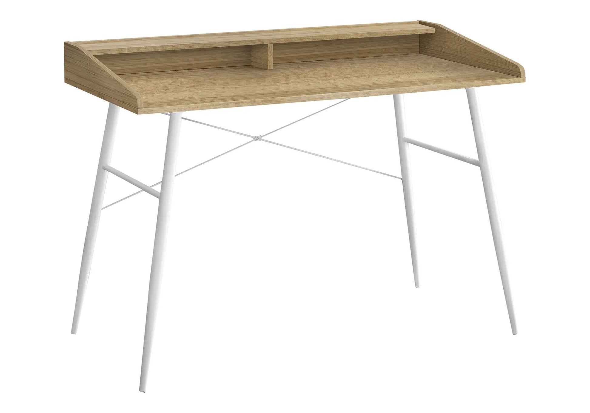 Computer desk in natural wood finish with storage shelves and divider, white metal legs on Tampa Home & Garden Store