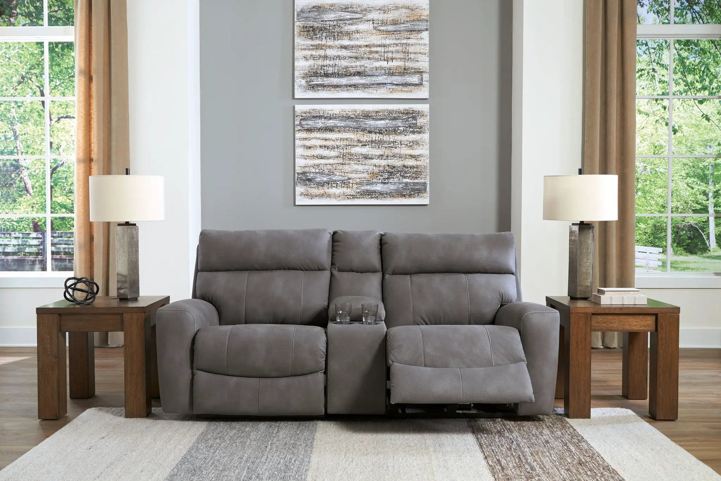Next-Gen Durapella reclining sectional in gray by Unique Piece Furniture with wood end tables and lamps on Tampa Home & Garden Store