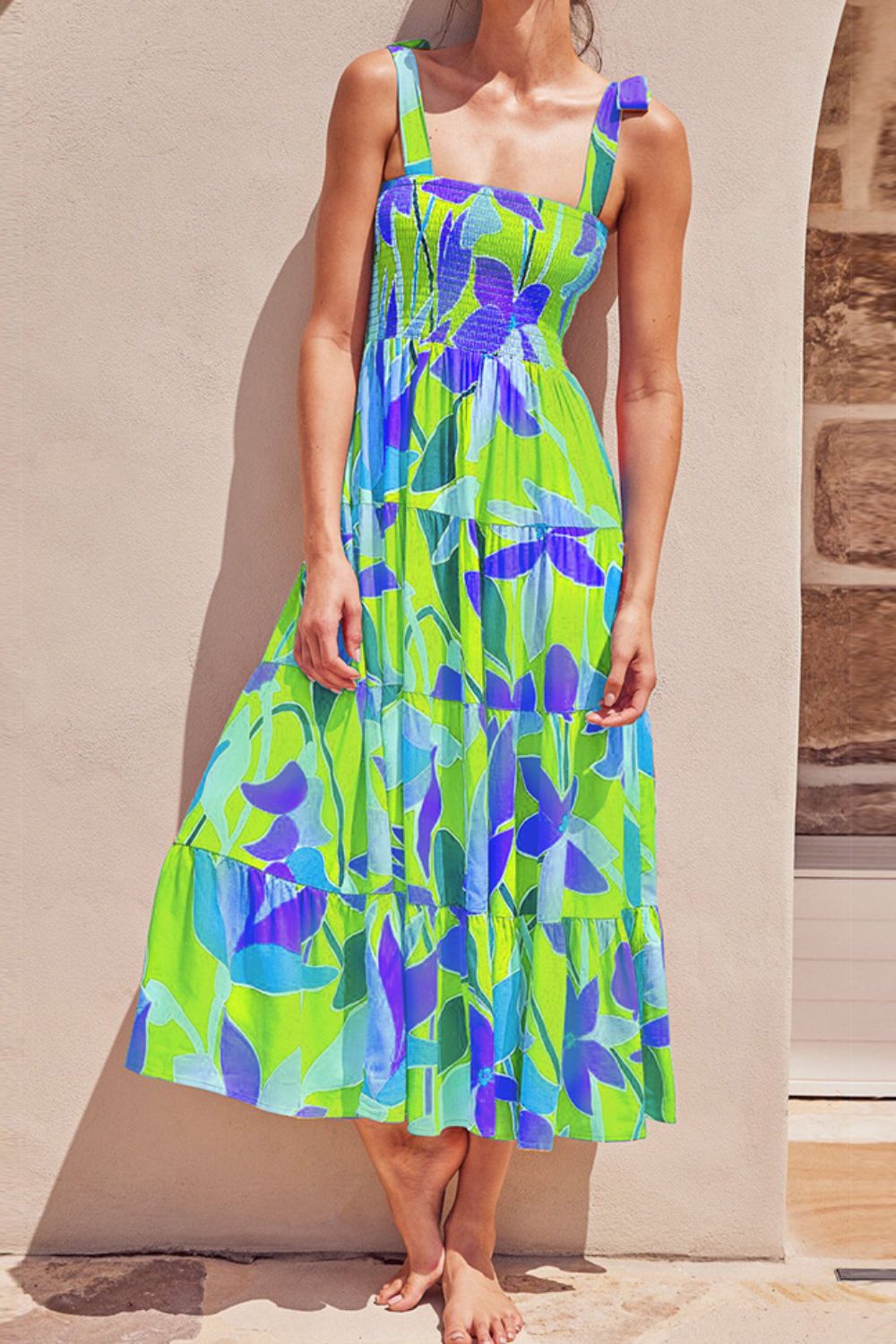 Stevvex long floral tie-shoulder smocked midi dress in lime green, blue and purple print on Tampa Home & Garden Store