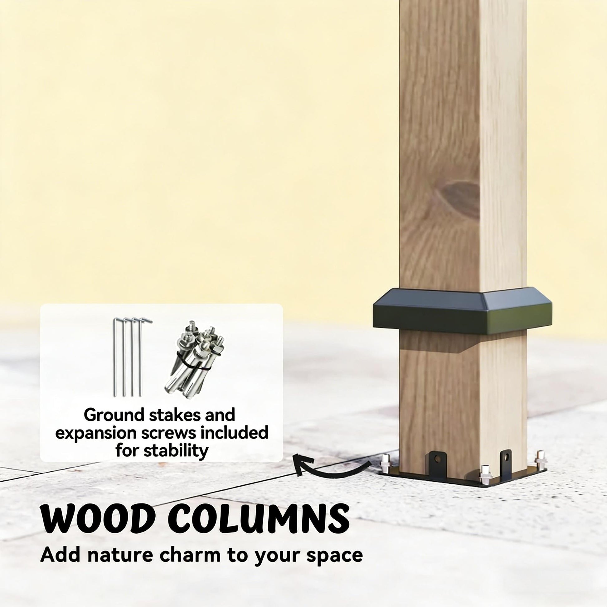 Gazebo wooden columns with brown posts and black base plate hardware closeup on Tampa Home & Garden Store