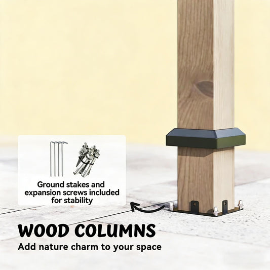 Gazebo wooden columns with brown posts and black base plate hardware closeup on Tampa Home & Garden Store