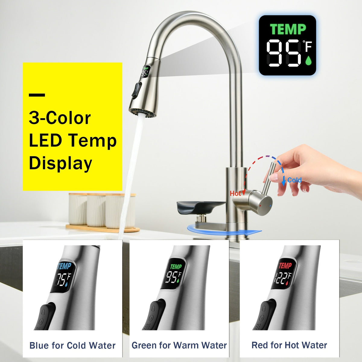 3-in-1 Kitchen Faucet with LED Temp Display, nickel, pull-down sprayer by HouseOfZazla on Tampa Home & Garden Store